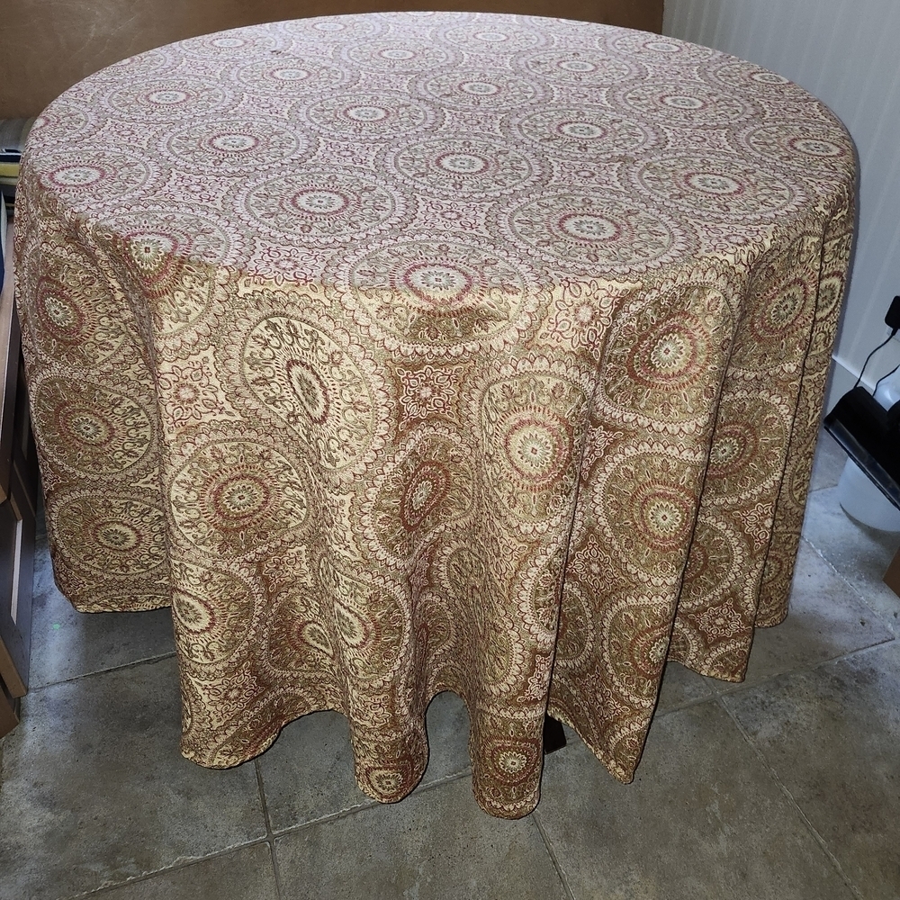 Mackenzie childs eighty inch brocade Tablecloth Gold and red